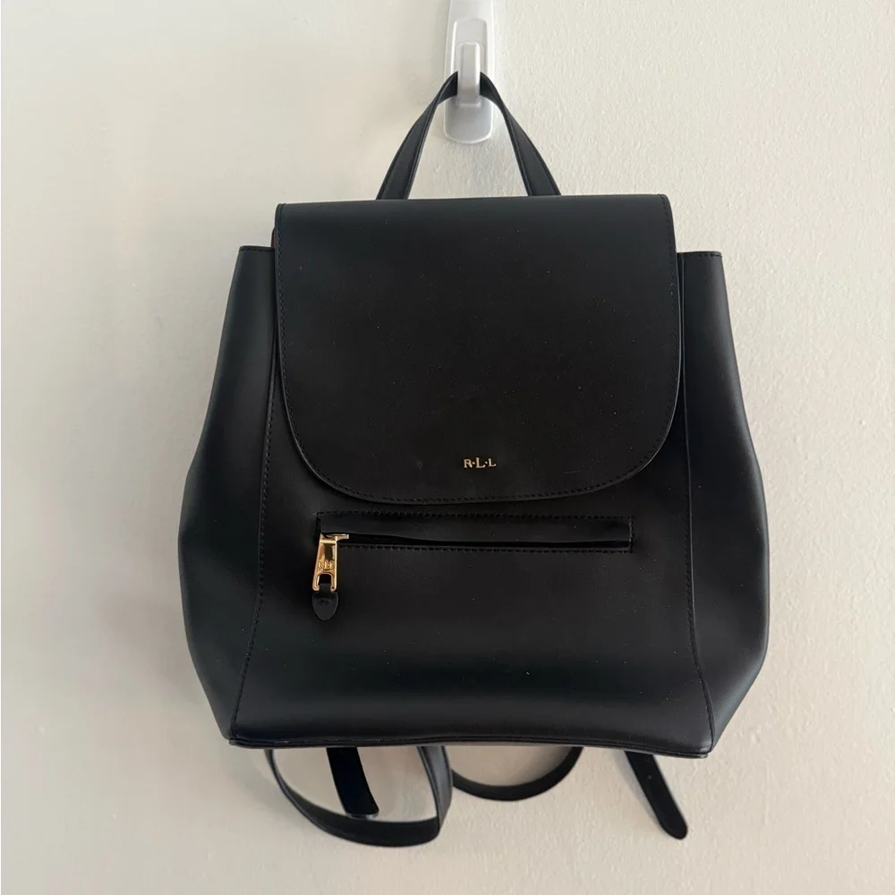 Lauren Ralph Lauren Dryden Black Leather Flap Backpack RLL Gold Logo Black NWOT